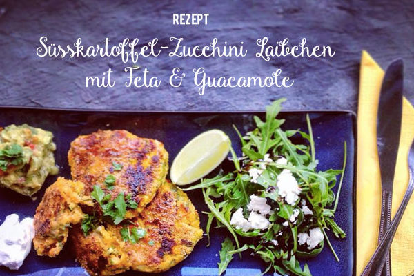 Süßkartoffel-Zucchini Laibchen mit Feta & Guacamole I